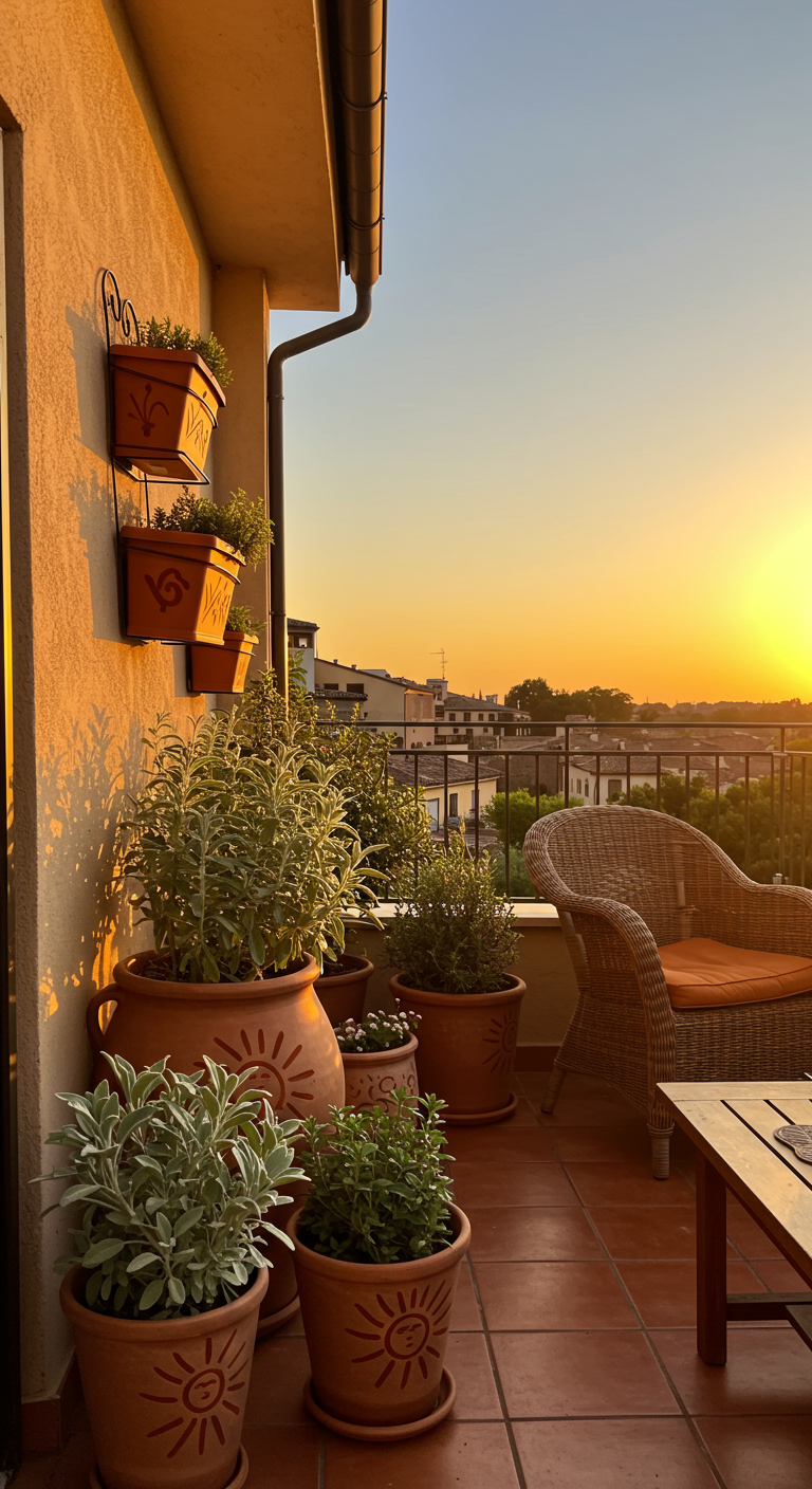 Balkon im Sonnenuntergangslicht mit sonnenbemalten Terrakotta-Kräutertöpfen und Korbsessel.