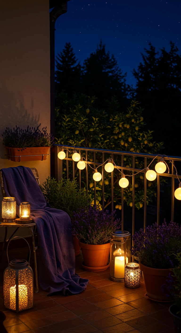 Balkon bei Nacht mit vielen Laternen, Lichterketten und Lavendel.