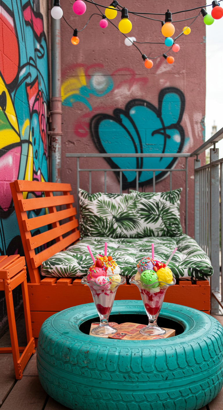 Balkon mit oranger Palettenbank, türkisfarbenem Reifentisch und Graffiti-Wand.
