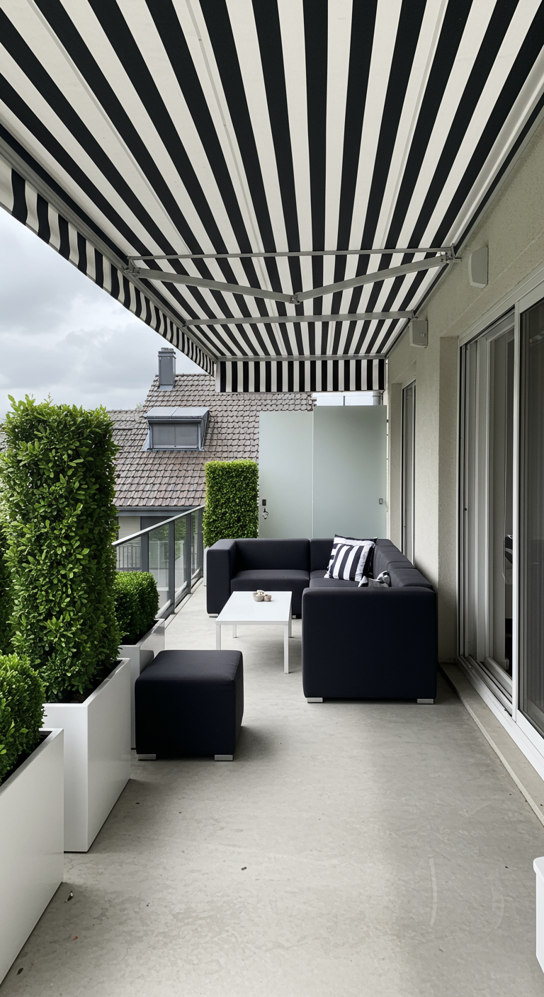 Balkon mit schwarz-weiß gestreifter Markise, dunkler Ecklounge und weißen Pflanzkübeln.