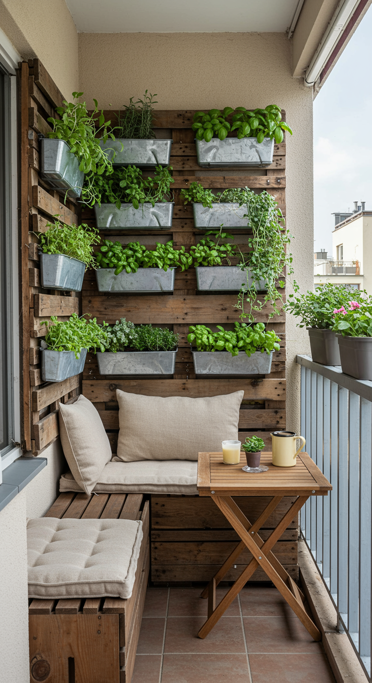 DIY-Vertikalgarten aus Holzpalette mit Kräutern über einer Holzbank mit Stauraum.