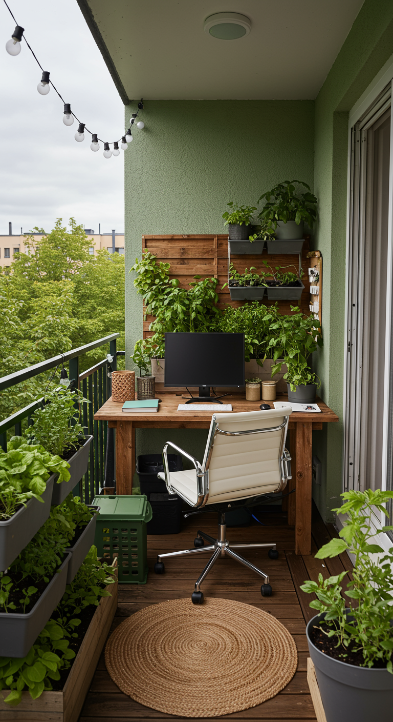 Balkon-Homeoffice mit Holztisch vor einer vertikalen Kräuterwand und Lichterkette.