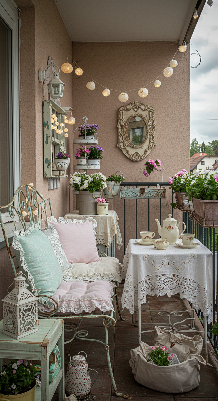 Balkon im Shabby-Chic-Stil mit Eisenmöbeln, Spitzendecken und pastellfarbenen Blumen.
