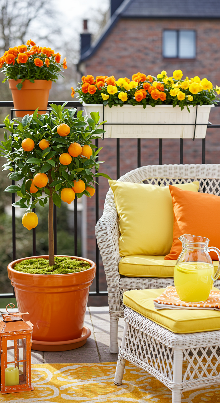 Sonniger Balkon mit weißen Korbmöbeln, orange-gelben Kissen und Zitrusbäumchen.