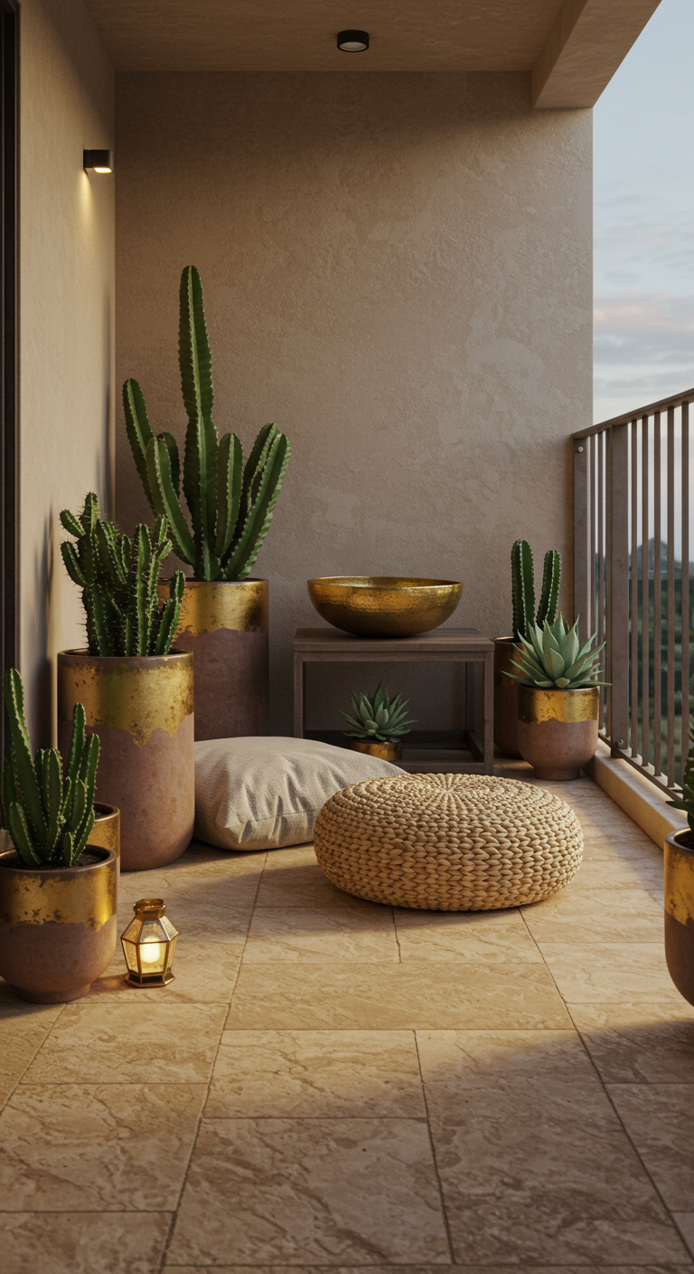 Balkon mit Kakteen in Töpfen mit Goldakzenten, goldener Schale und Pouf.