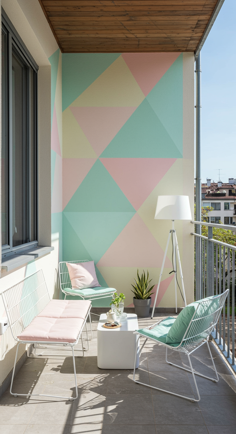 Balkonwand mit geometrischem Anstrich in Pastellfarben, davor weiße Stühle.