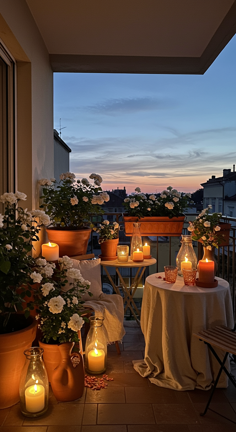 Abendlicher Balkon mit weißen Rosen in Terrakotta-Töpfen und vielen Kerzen.