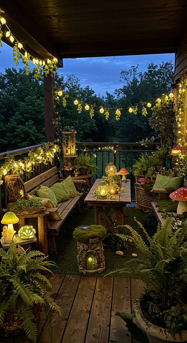 Balkon im Stil eines Zauberwaldes mit viel Grün, Holzmöbeln, Pilzdeko und Lichterketten.