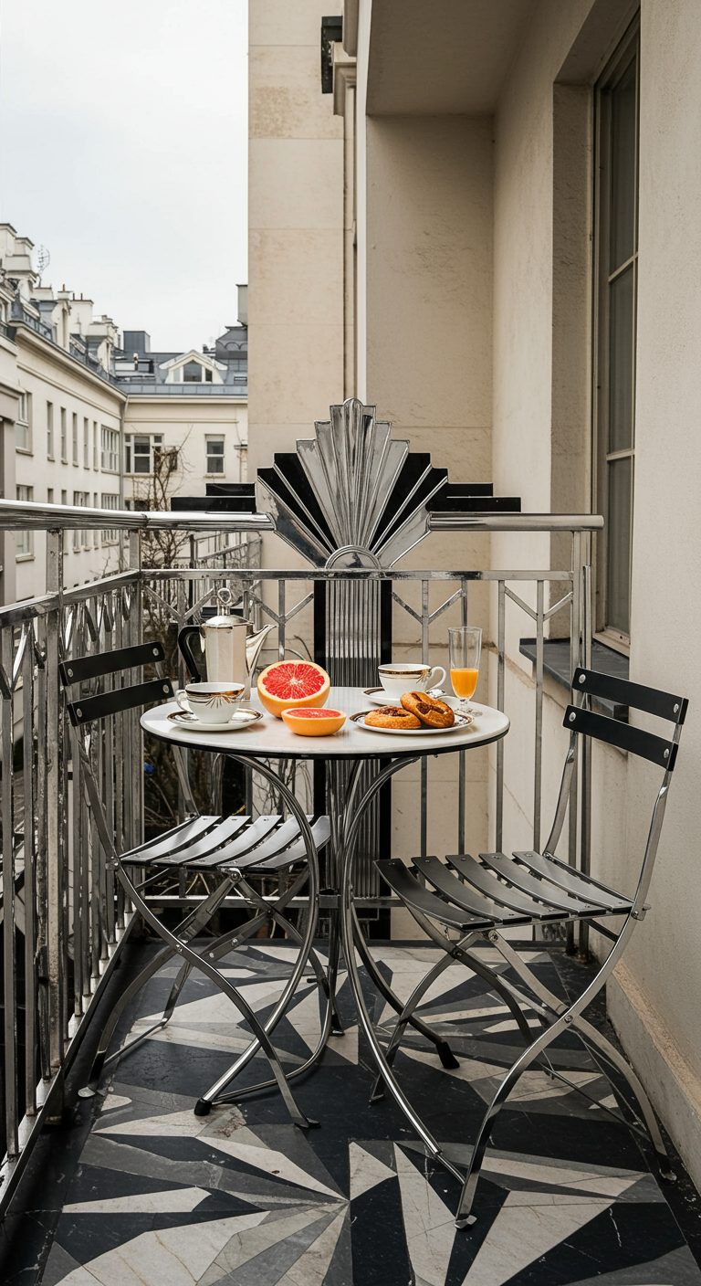 Frühstück im Art-Déco-Stil auf einem Balkon mit Chrommöbeln und gemusterten Bodenfliesen.