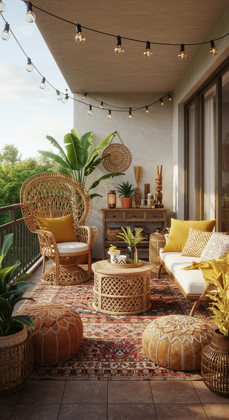 Boho-Balkon mit Pfauenstuhl, Rattantisch, gemustertem Teppich und Lichterkette.