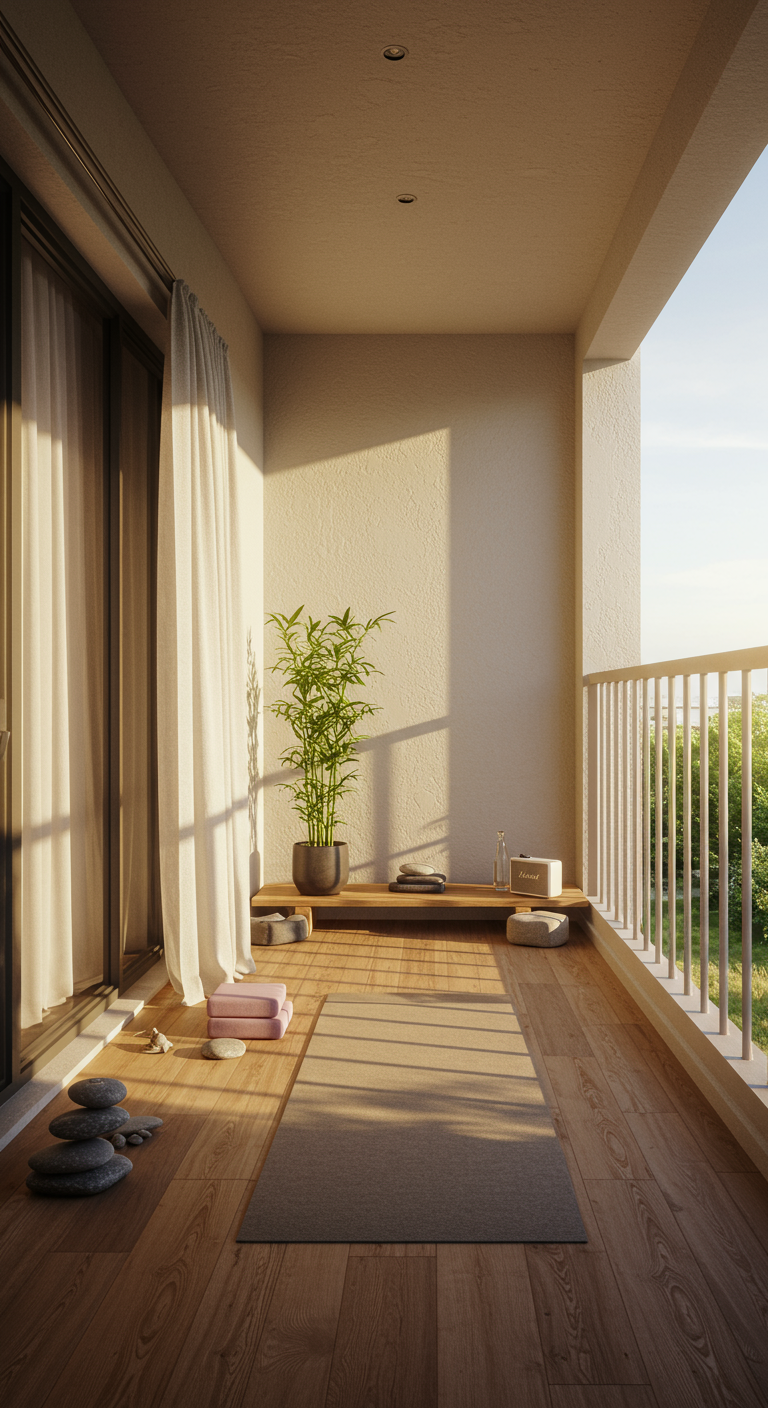 Heller Eckbalkon als Yoga-Platz mit Matte, Kissen und Bambuspflanze.
