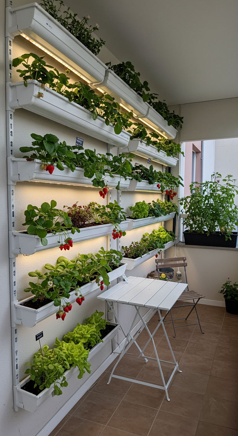 Vertikales Hydroponik-System an der Wand mit Erdbeeren, Salat und Beleuchtung.