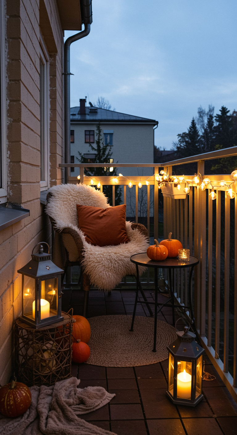 Korbsessel mit hellem Kunstfell, Kissen, Kürbissen und Laternen auf kleinem Balkon.