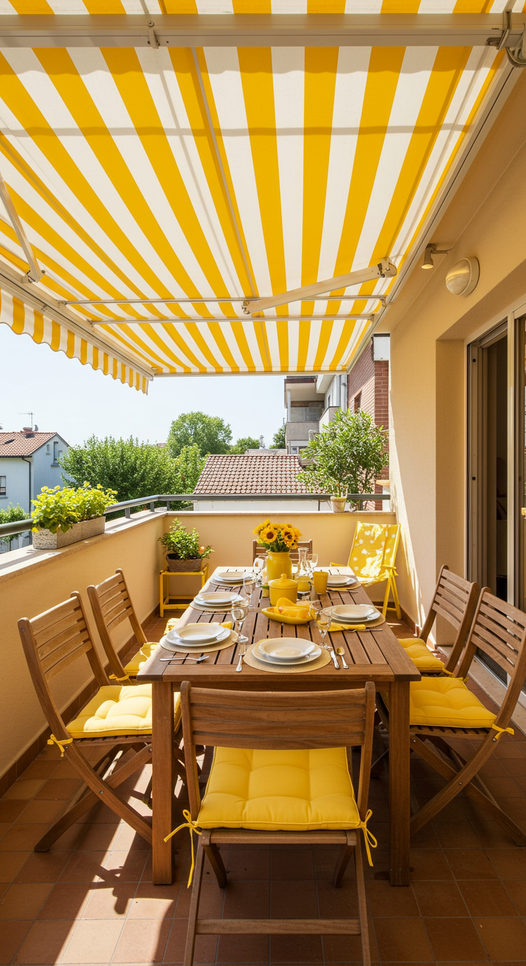 Großer Esstisch auf einem Balkon unter einer gelb-weiß gestreiften Markise.
