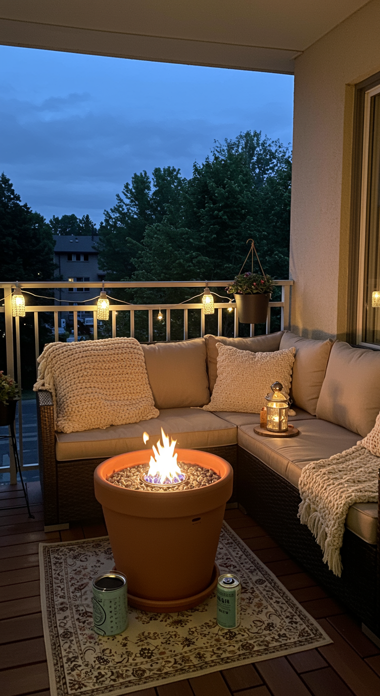 Balkon-Lounge mit Sofa, gestrickten Decken und einer DIY-Tischfeuerstelle in einem großen Topf.