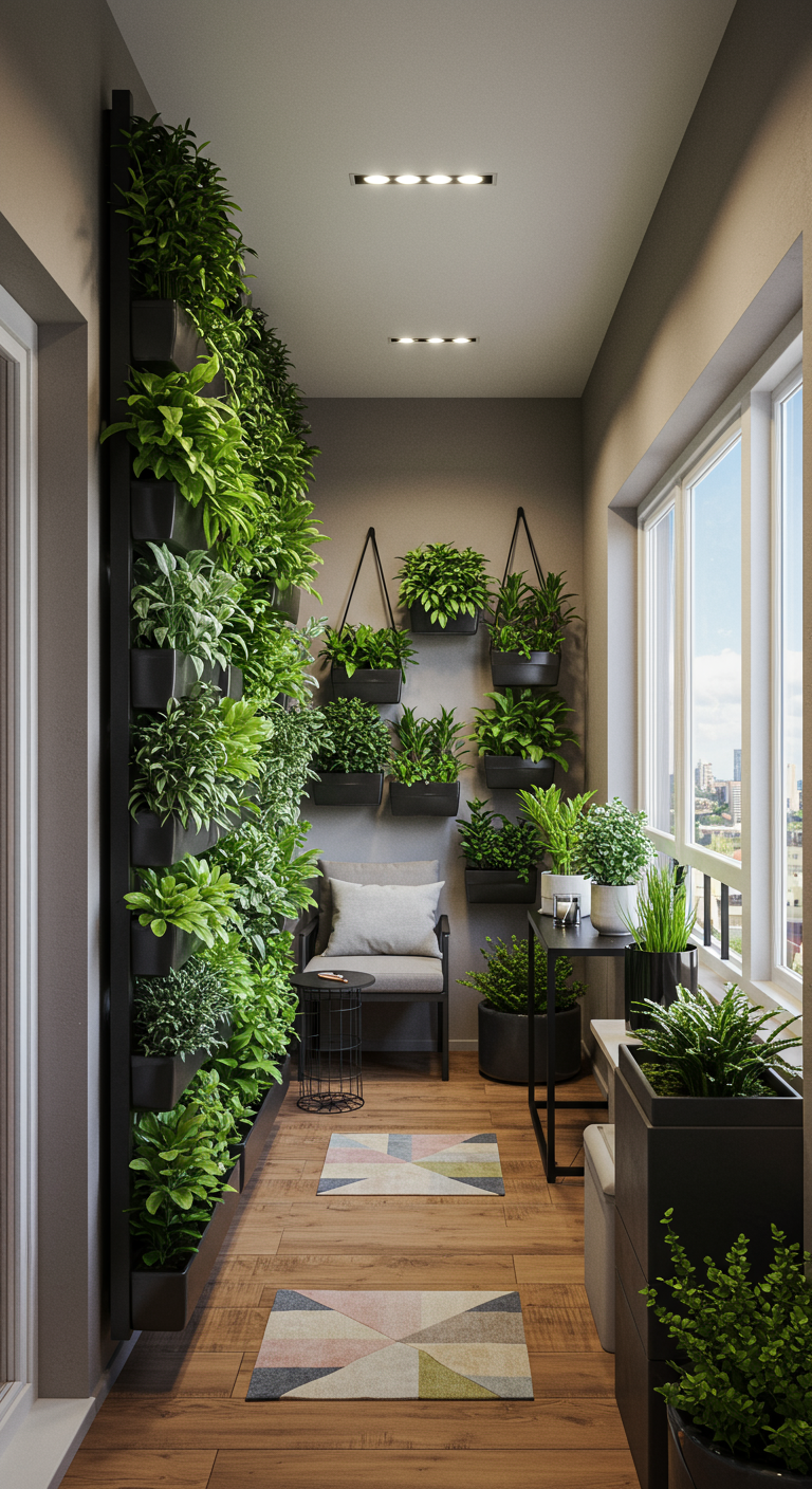 Schmaler Balkon mit einer Seite als kompletter vertikaler Garten und einem Sessel.