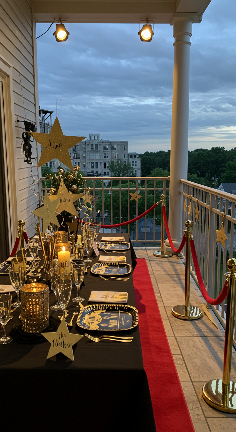 Balkon dekoriert im Hollywood-Stil mit rotem Teppich, goldenen Sternen und Absperrseilen.