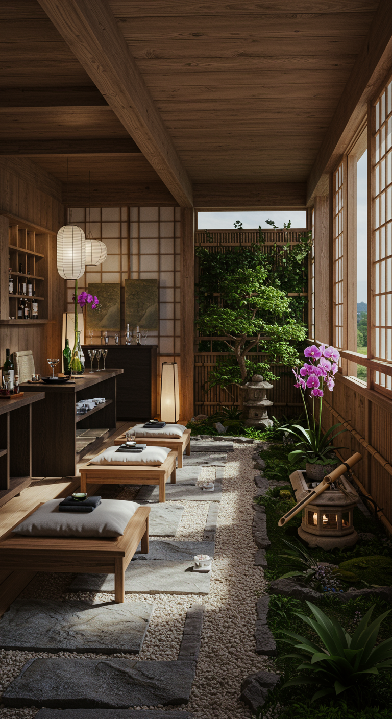 Japanisch inspirierter Balkon mit niedrigen Holzbänken, Steinplatten, Orchideen und Bambus-Sichtschutz.