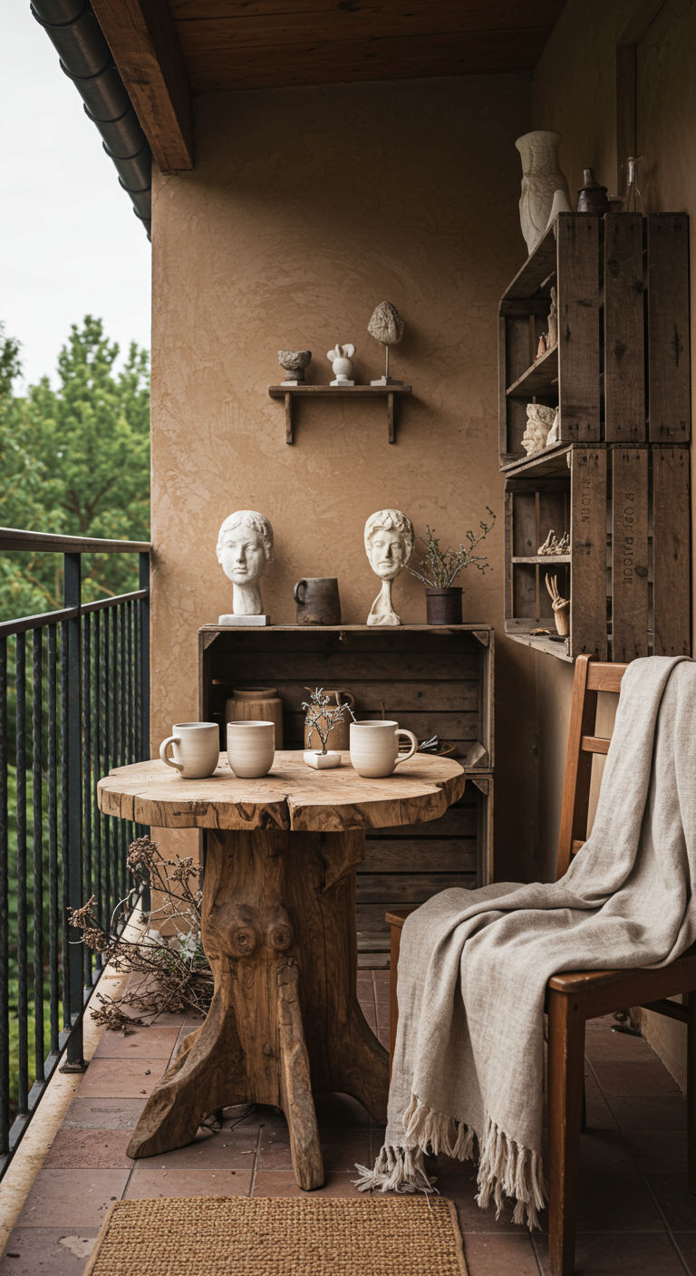 Rustikaler Holztisch mit Baumkante, Stuhl, Leinentuch und Deko-Büsten auf Balkon.
