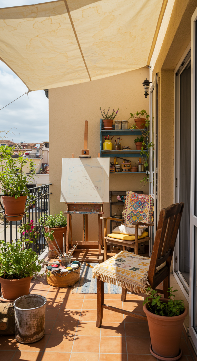 Sonniger Balkon mit Sonnensegel, Staffelei, Holzstuhl und vielen Pflanzen.
