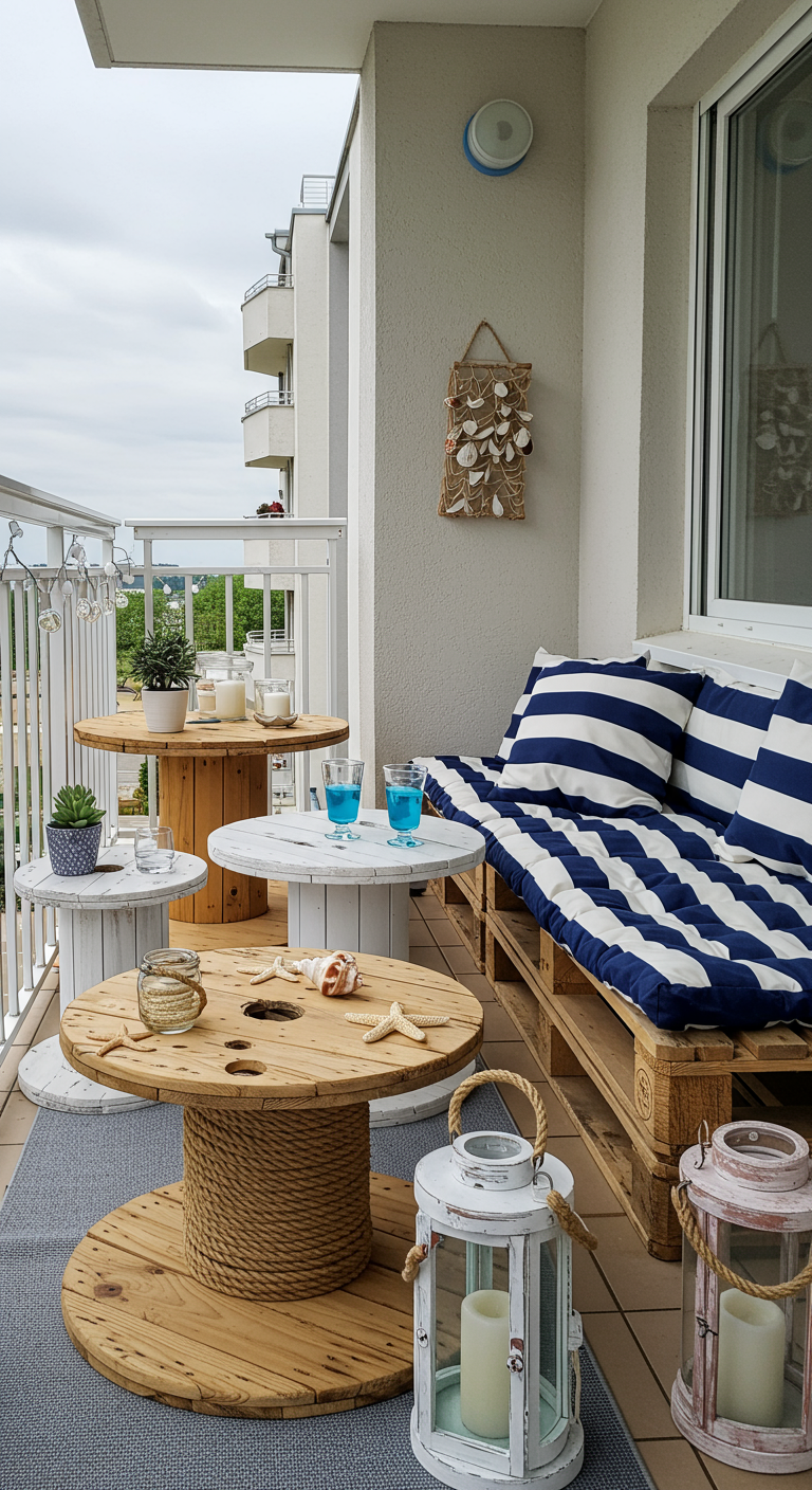 Drei Kabeltrommeln als Beistelltische auf Balkon mit Palettensofa und Laternen.