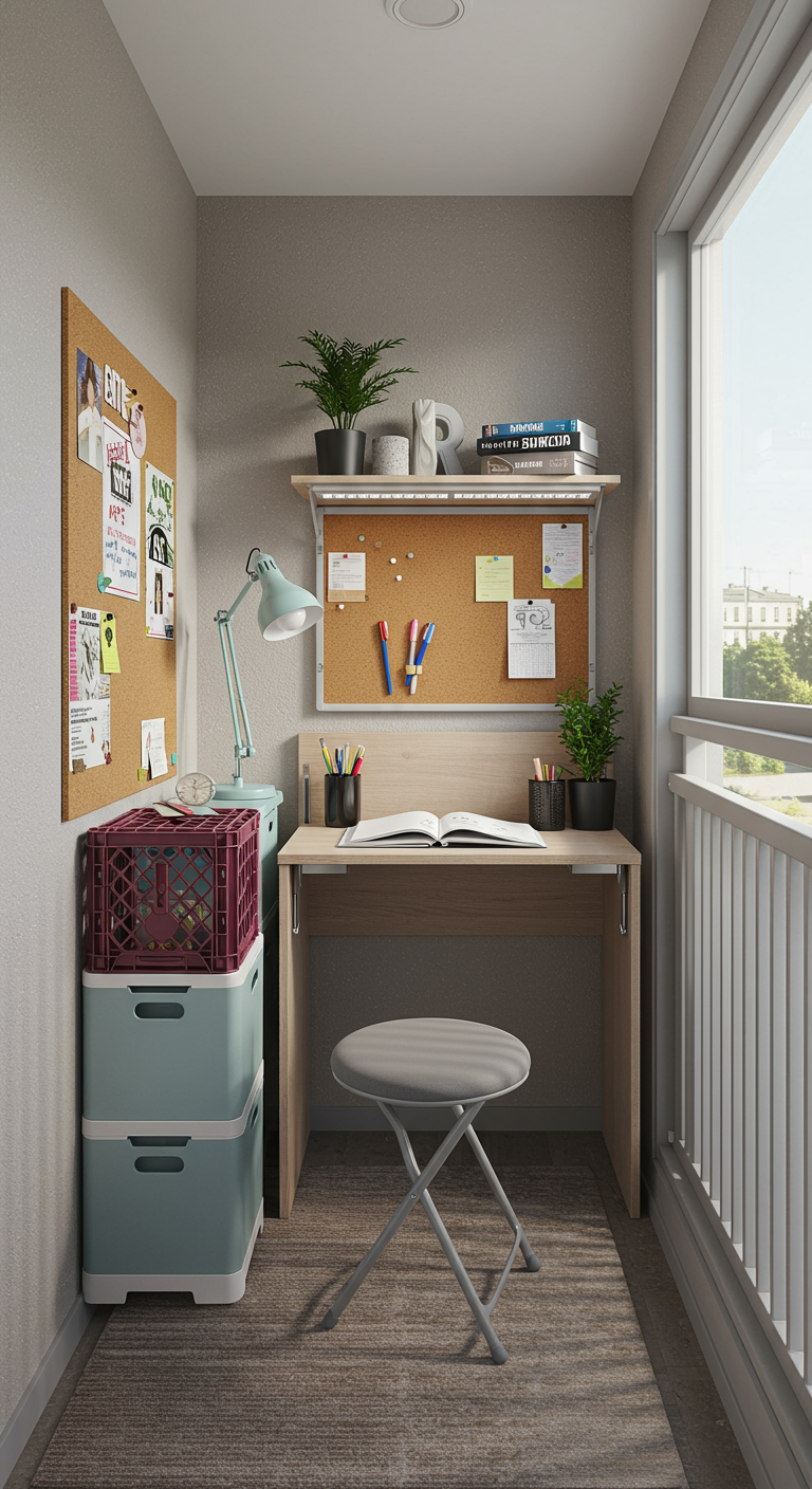 Sehr kleiner Balkon-Arbeitsplatz mit schmalem Schreibtisch, Kork-Pinnwand und Klapphocker.