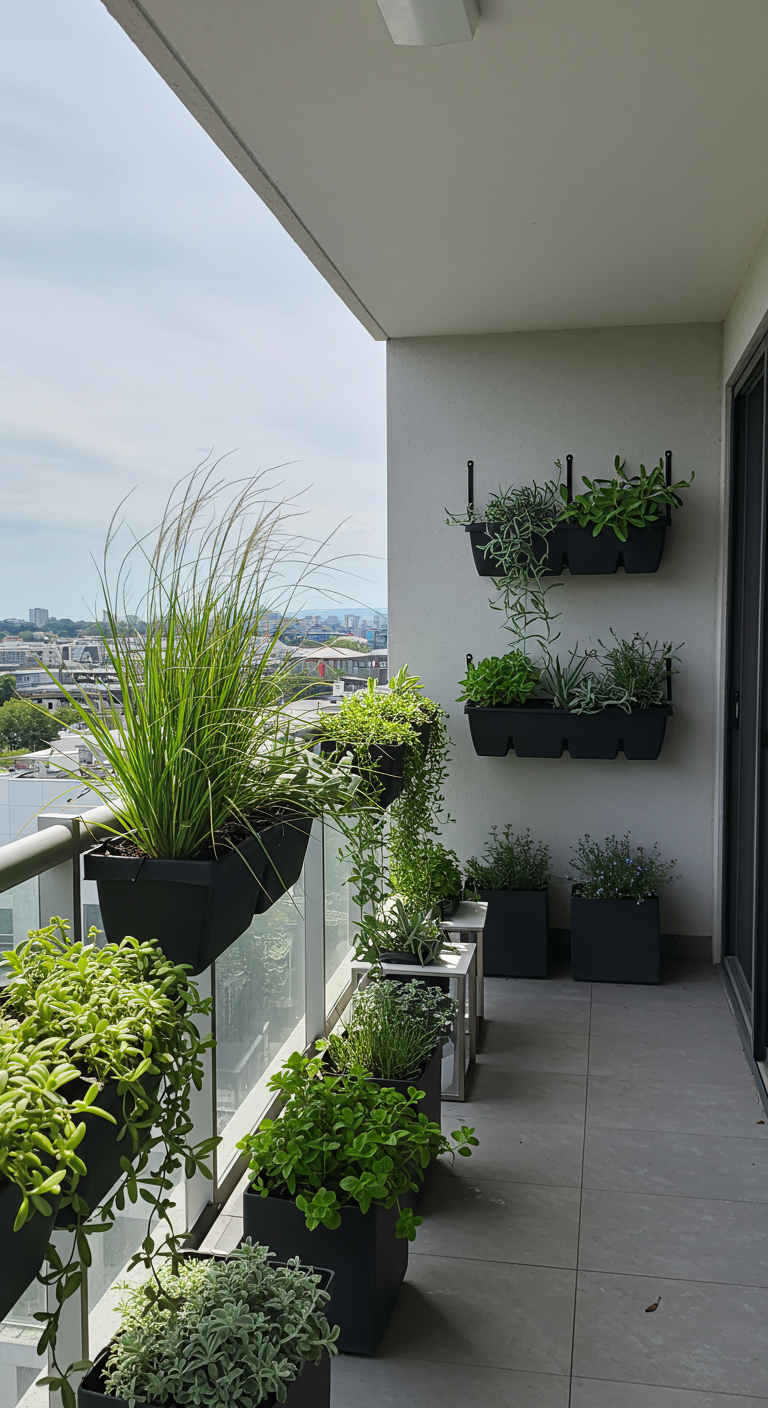 Moderner Balkon mit Kräutern in Geländerkästen und Wandpflanzgefäßen.
