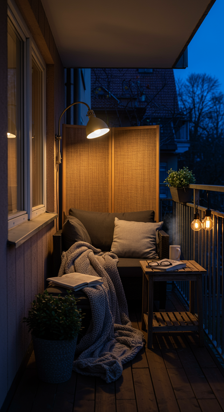 Balkon-Leseecke mit Sofa, Decke, Paravent, Stehlampe und Beistelltisch bei Dämmerung.