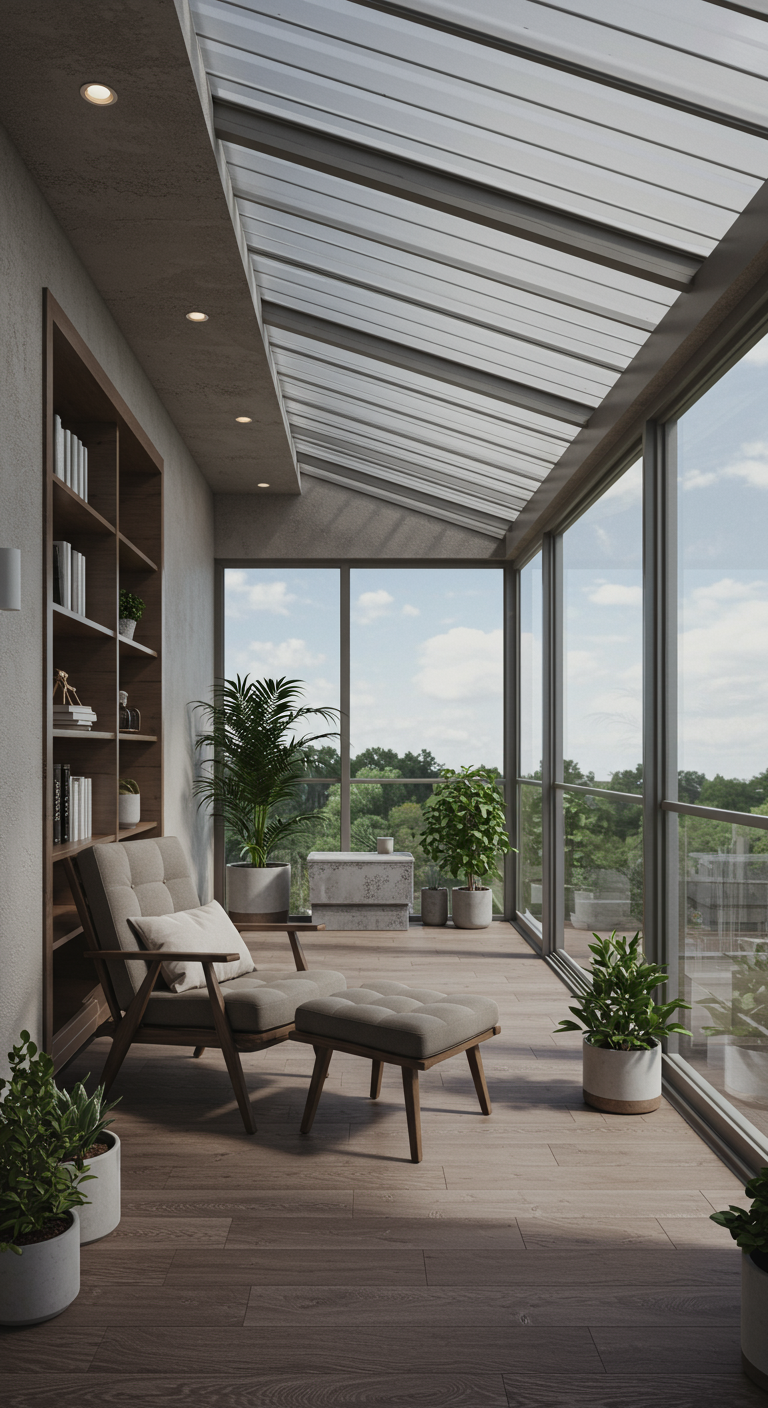 Heller, verglaster Balkon mit Lesesessel, Fußhocker, Bücherregal und vielen Pflanzen.