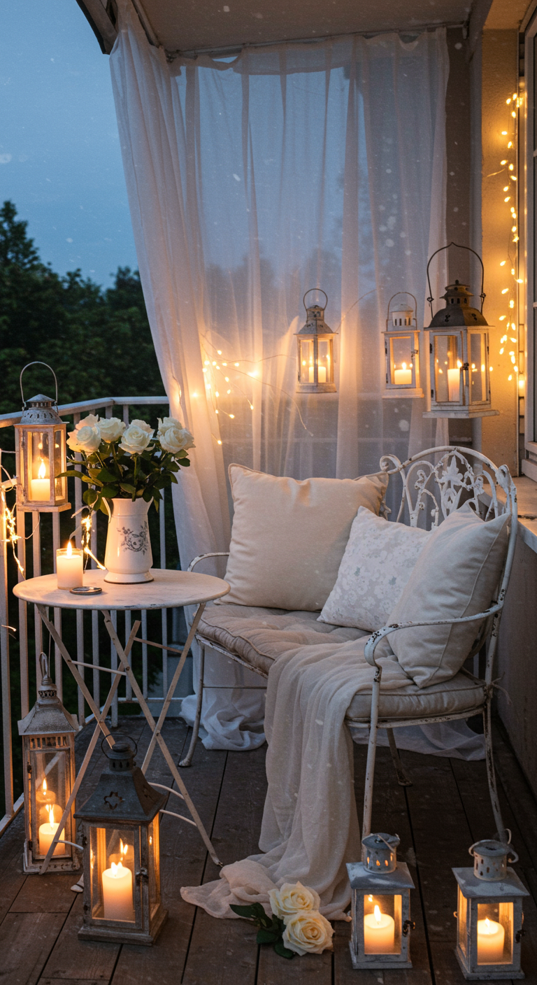 Romantischer Balkon bei Nacht mit vielen Laternen und Lichterketten