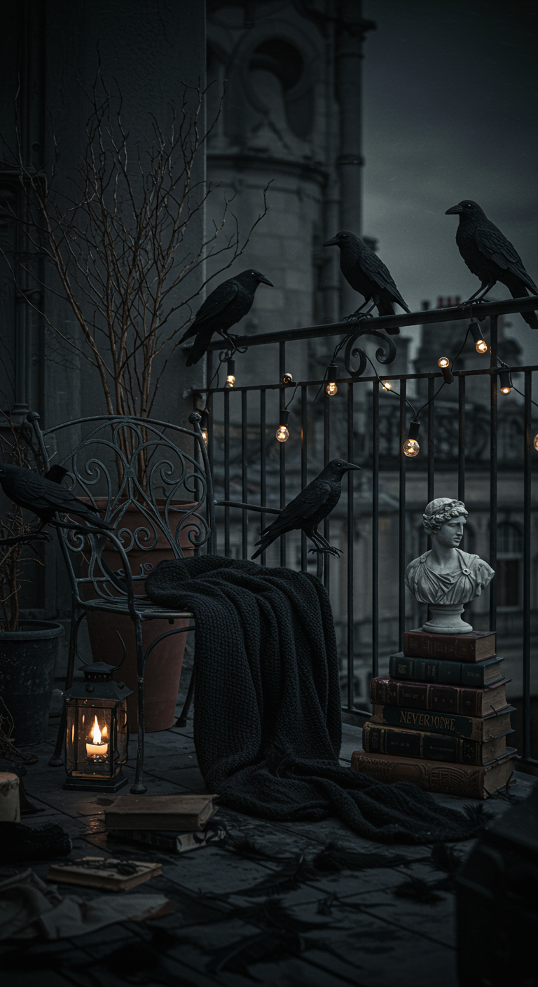 Stimmungsvolle Balkonecke mit Rabenfiguren, alten Büchern, Büste und Laterne.