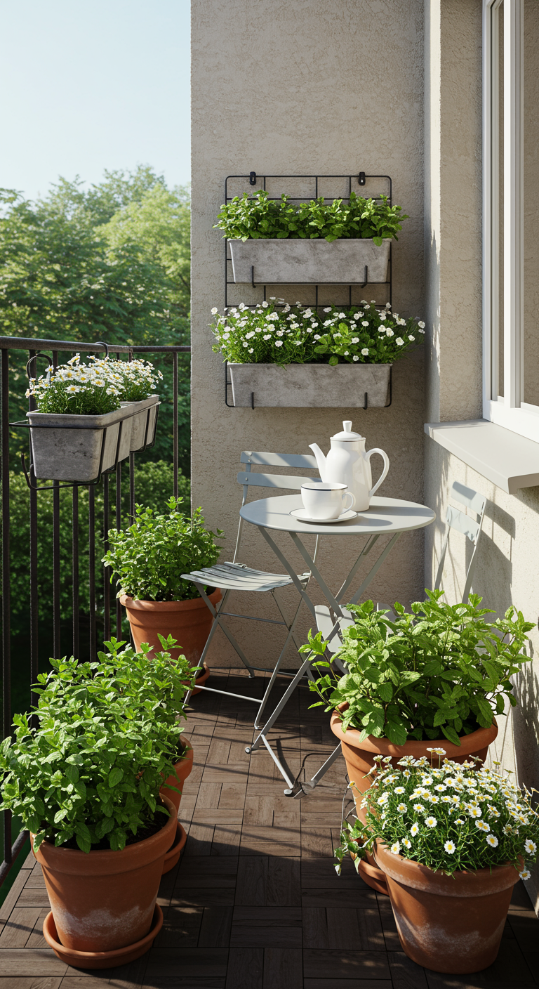 Minimalistischer Balkon mit Minze und Kamille in Töpfen, schlichten Möbeln.