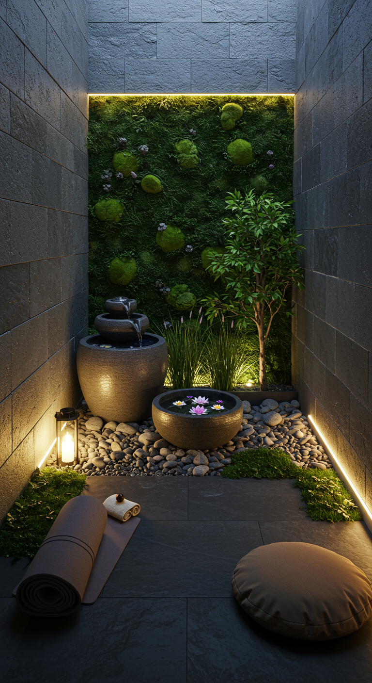 Schmaler Balkon mit Mooswand, kleinem Brunnen, Lotusblüten und Yogamatte.