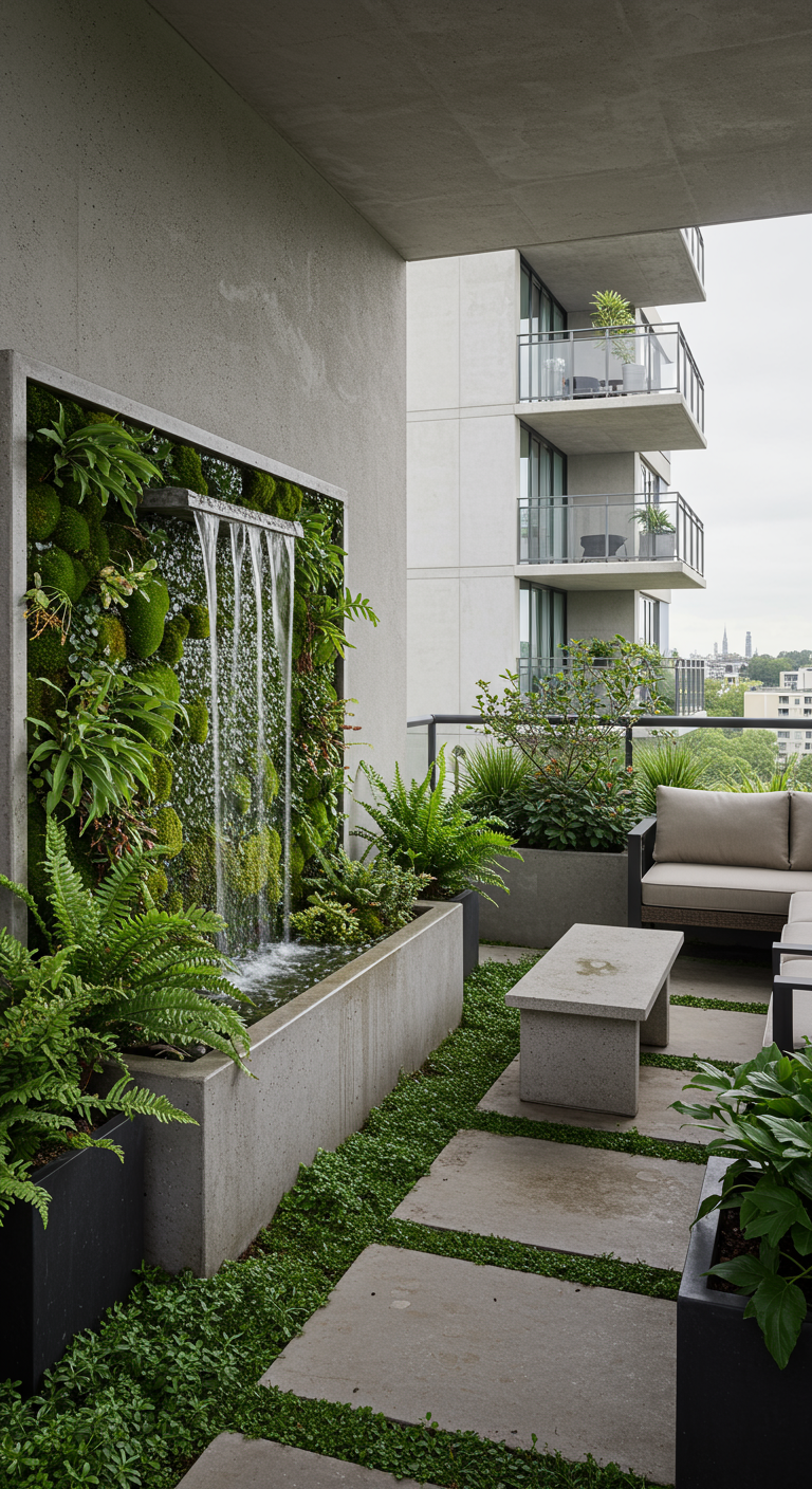 Moderner Balkon mit Beton-Wasserspiel, Farnen und Trittsteinen.