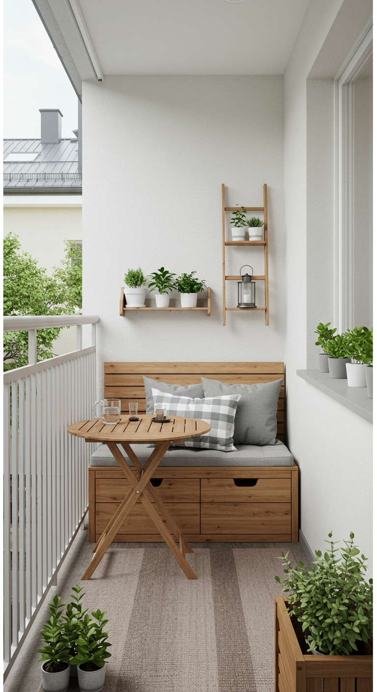 Kleiner Balkon mit Holzbank mit Stauraum, Klapptisch und Wandregalen.