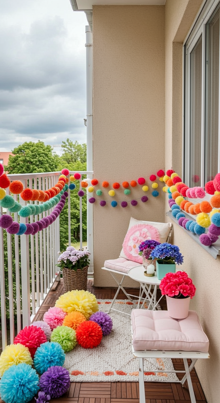 Balkon dekoriert mit vielen bunten Pompon-Girlanden und großen Stoff-Pompons auf dem Boden.