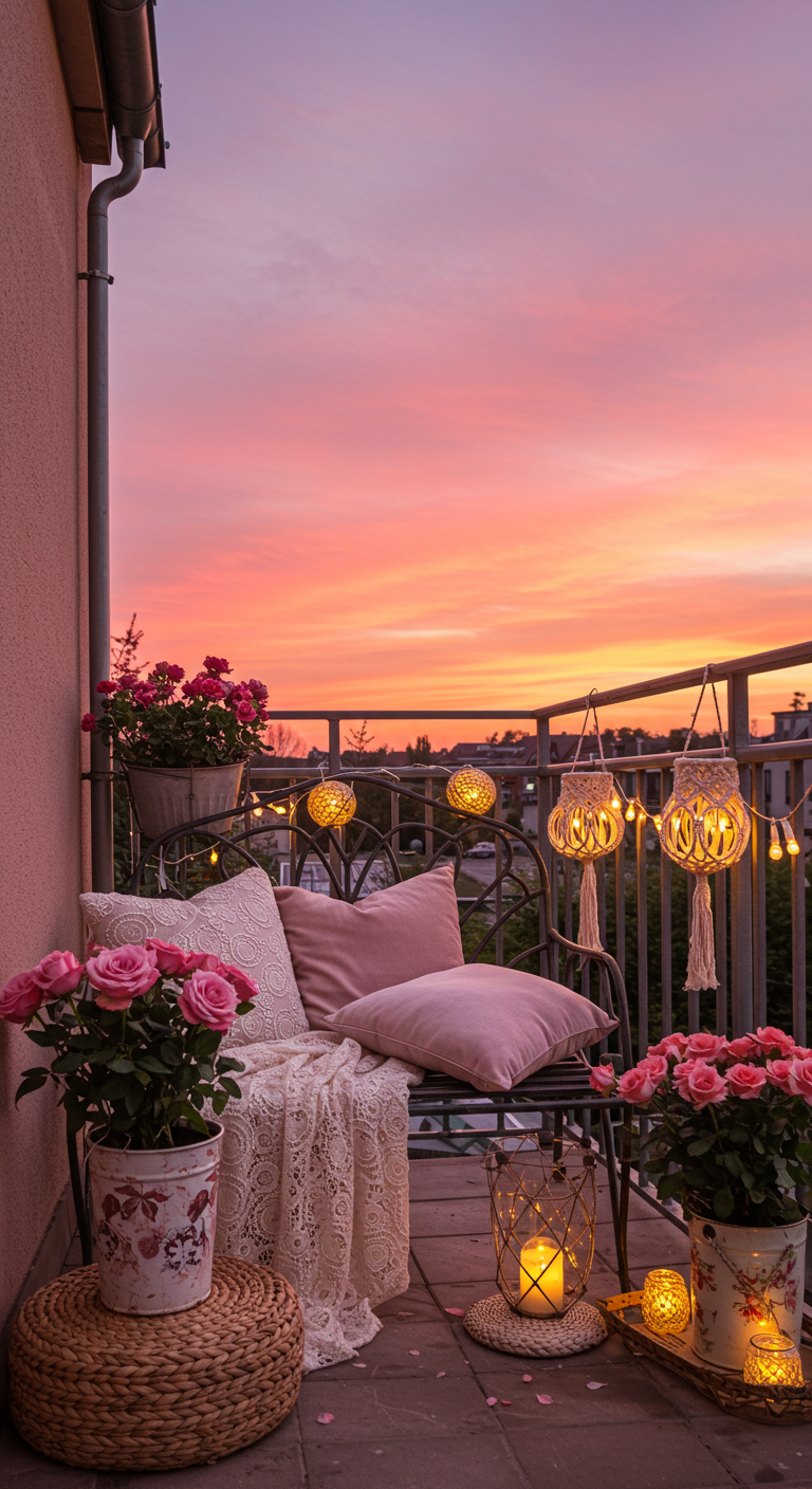 Romantischer Boho-Balkon mit rosa Rosen, Kissen, Spitzendecke und Makramee-Lichtern bei Sonnenuntergang.