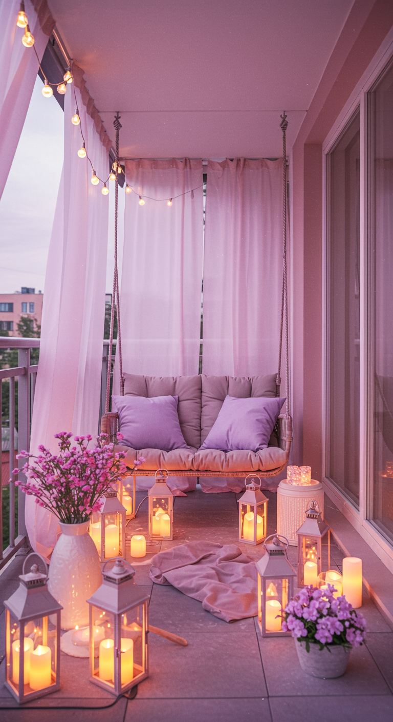 Romantisch beleuchteter Balkon mit Schaukelbank, rosa Vorhängen und vielen Kerzen.