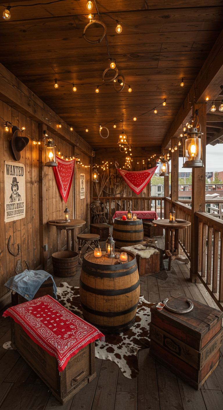 Balkon im Western-Stil mit Holzfässern, Laternen, Bandanas und rustikalen Holzelementen.