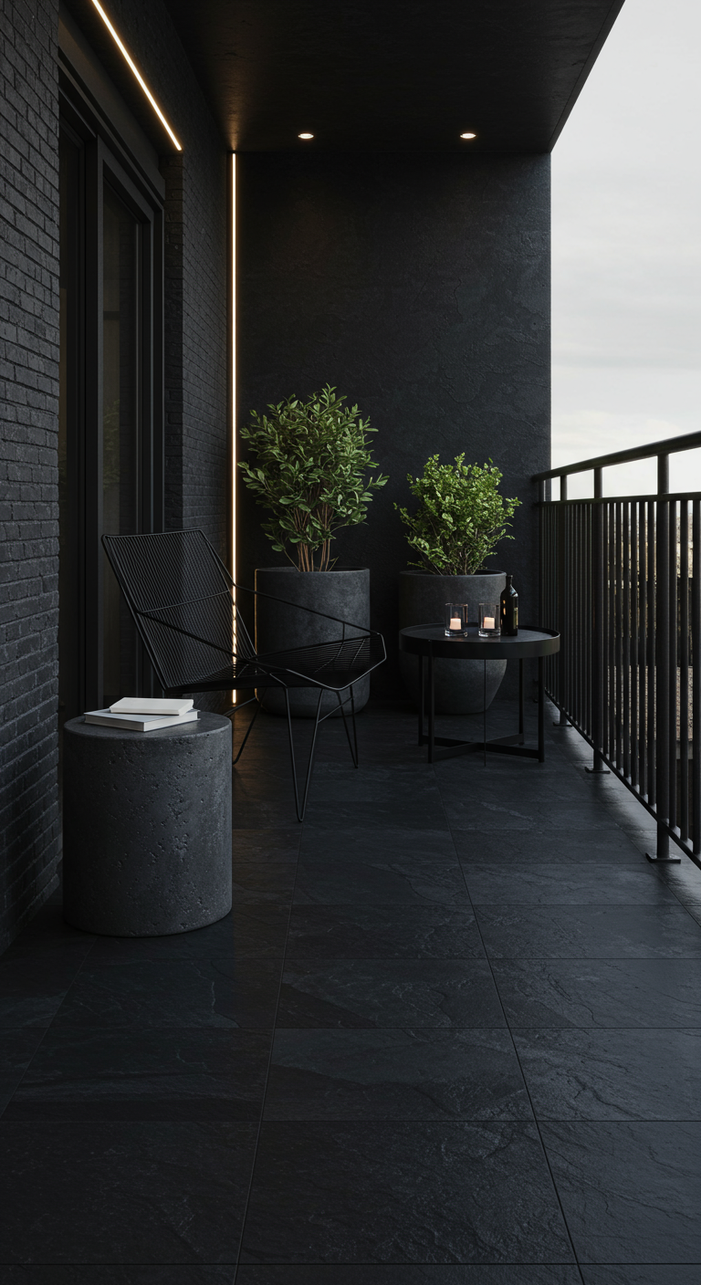 Komplett schwarzer Balkon mit minimalistischem Stuhl, Betonpflanzkübeln und Akzentbeleuchtung.