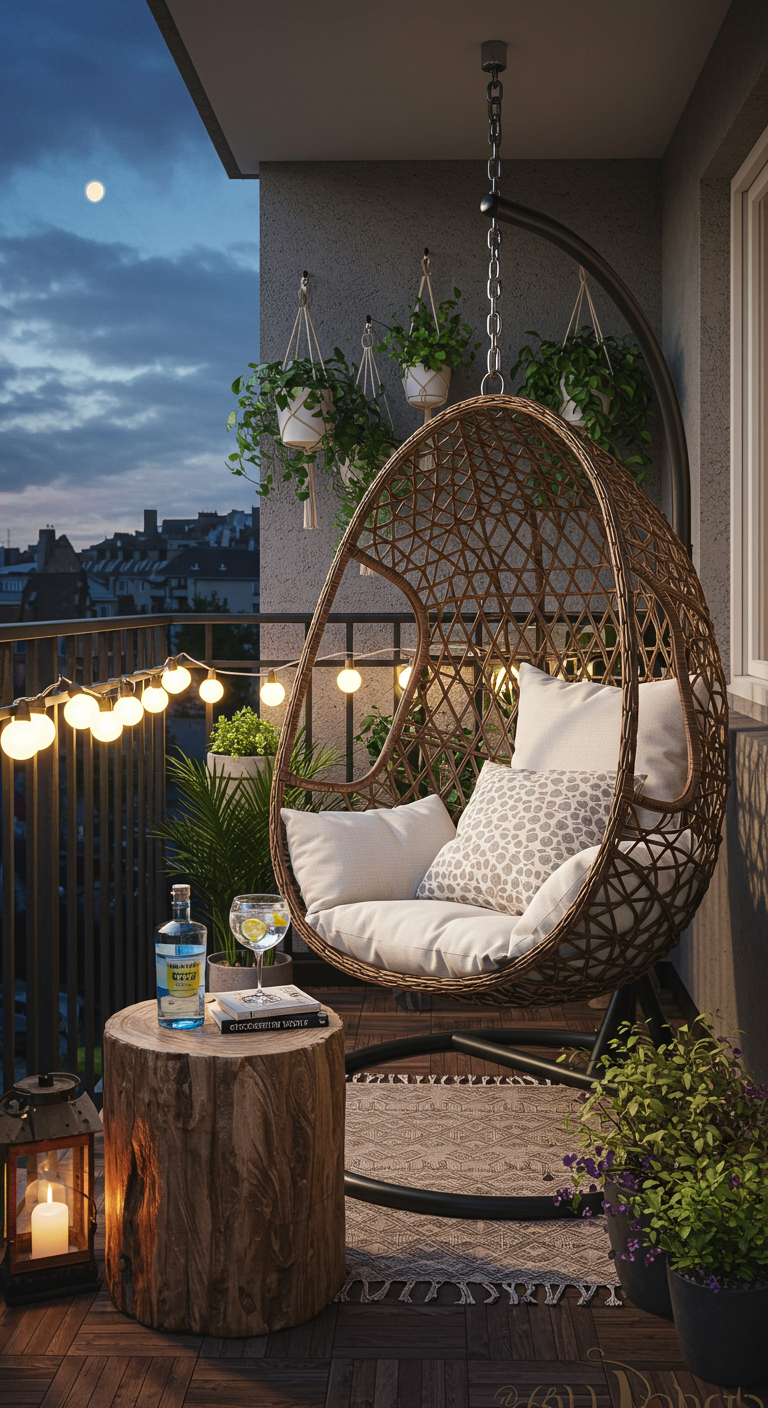 Balkon mit Hängesessel, Lichterkette und Baumstumpftisch bei Nacht.