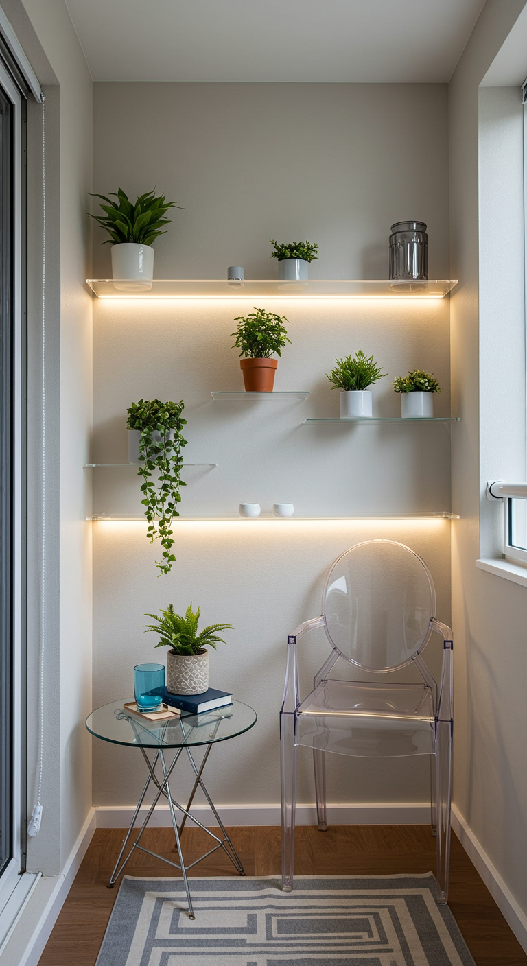 Glasregale mit LED-Beleuchtung, Pflanzen, transparenter Stuhl und Glastisch in einer Nische.