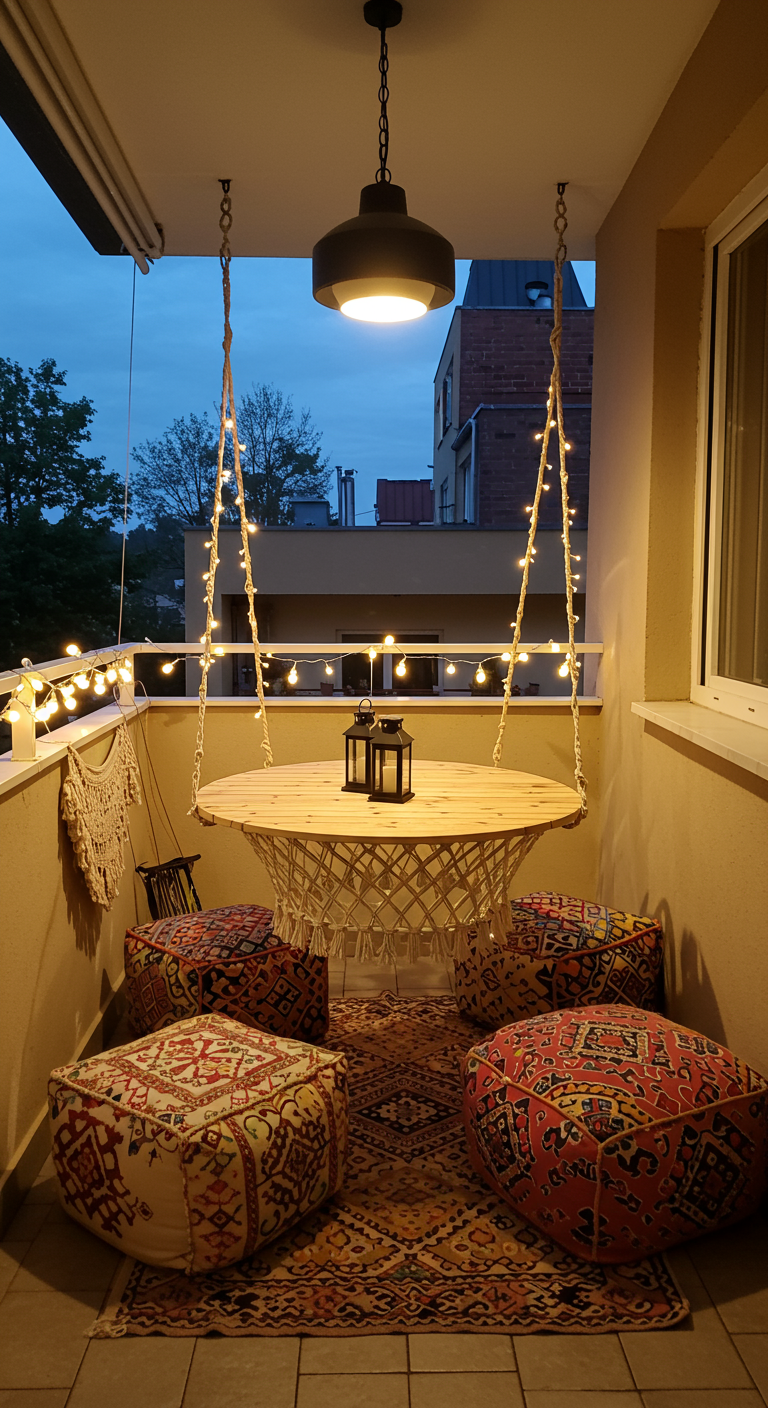 Runder Holztisch von der Decke hängend, umgeben von bunten Bodenkissen auf einem Balkon bei Nacht.