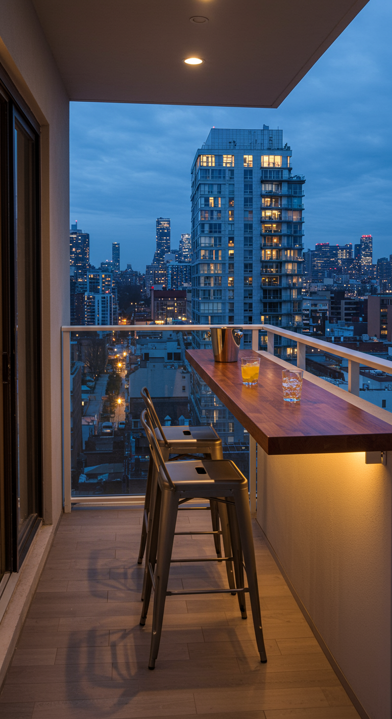 Schmaler Balkon mit Holz-Bartresen am Geländer, Barhockern und Blick auf die Skyline bei Nacht.