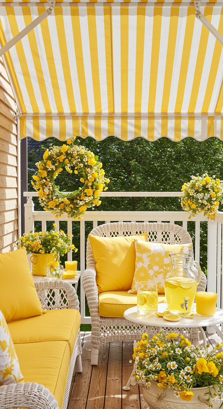 Balkon mit weißen Korbmöbeln, gelben Kissen und vielen gelben Midsommar-Blumenkränzen.