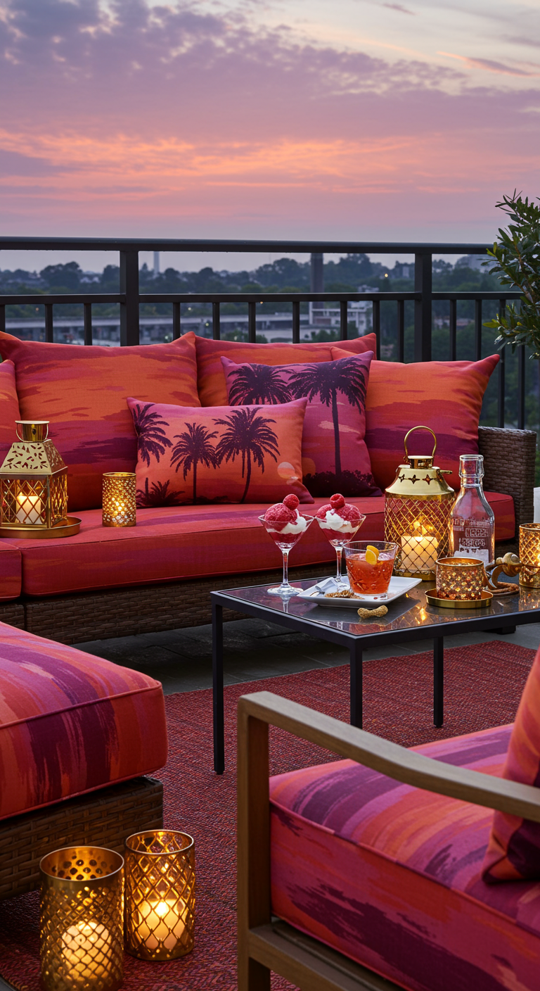 Balkonsofa mit Kissen in Sonnenuntergangsfarben und vielen Kerzenlaternen.