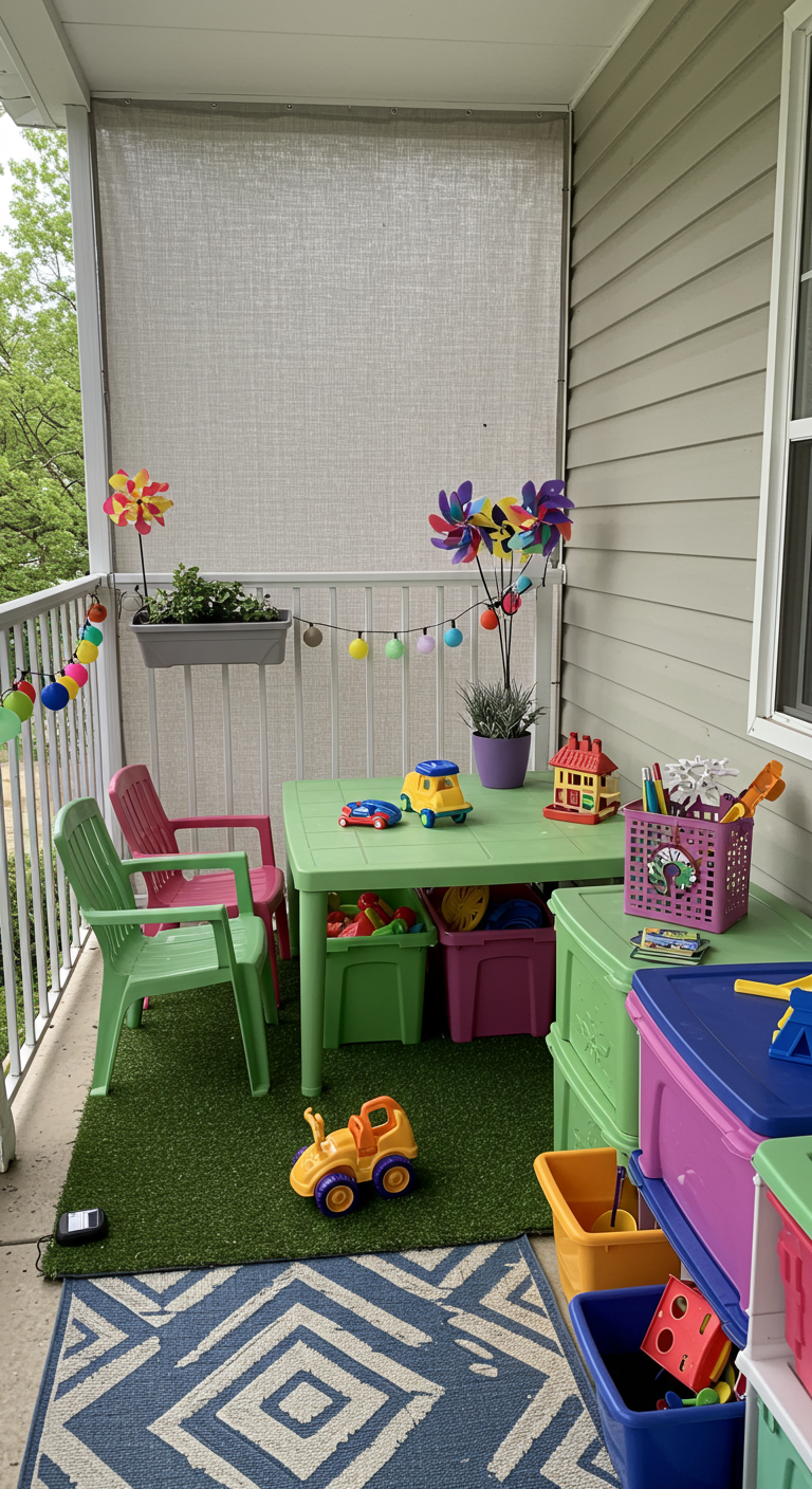 Kinderfreundlicher Balkon mit buntem Spieltisch und passenden Stapelboxen für Spielzeug darunter.