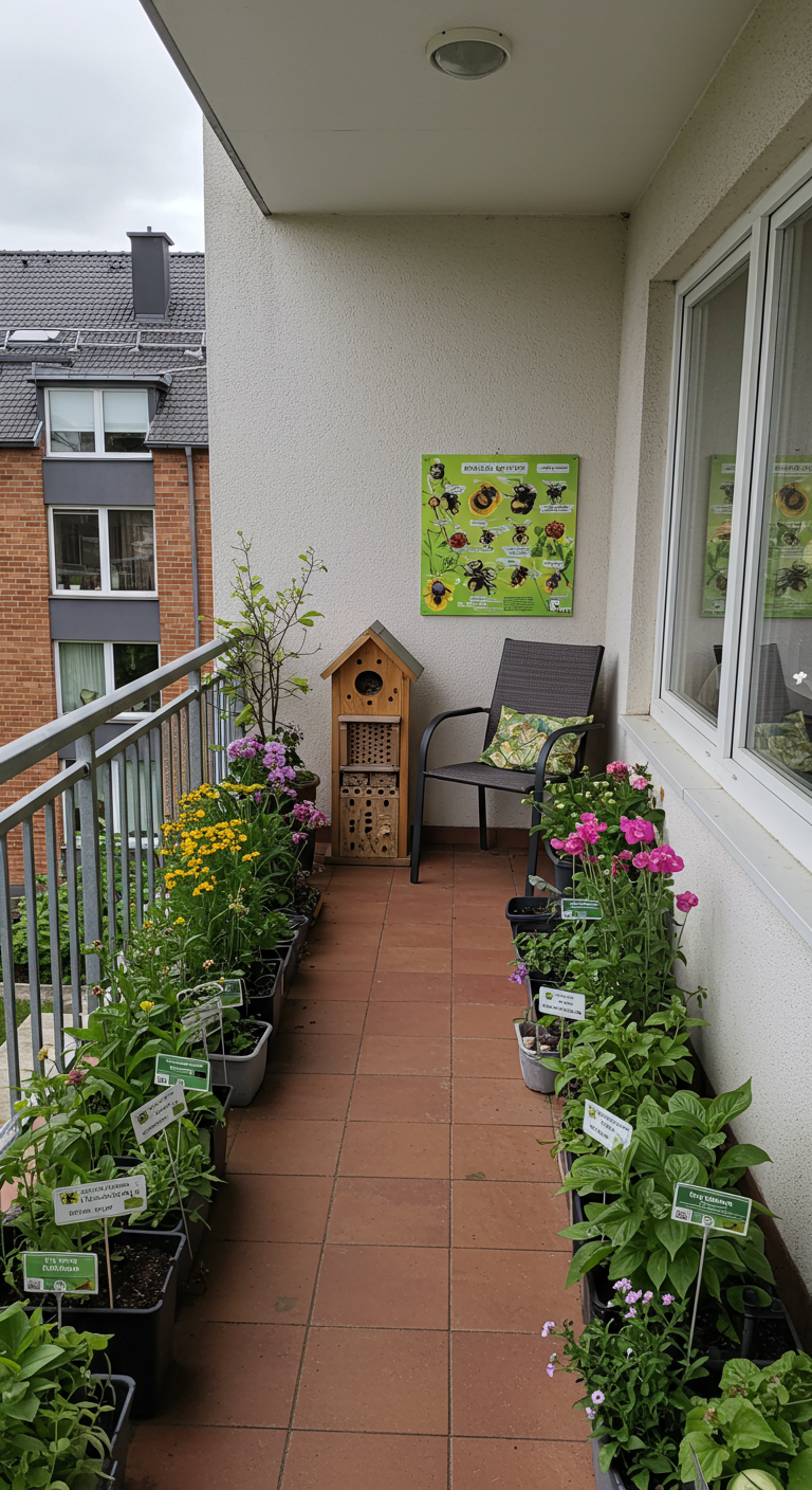 Balkon mit vielen gekauften bienenfreundlichen Pflanzen in Töpfen und einem Insektenposter.