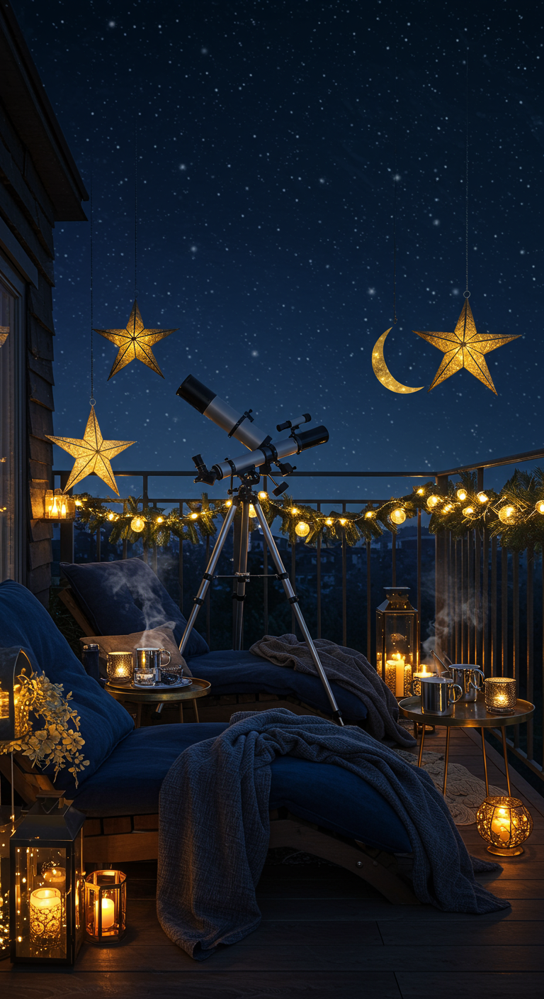 Balkon bei Nacht mit Liegestühlen, goldenen Stern- und Mond-Dekorationen und vielen Lichtern.