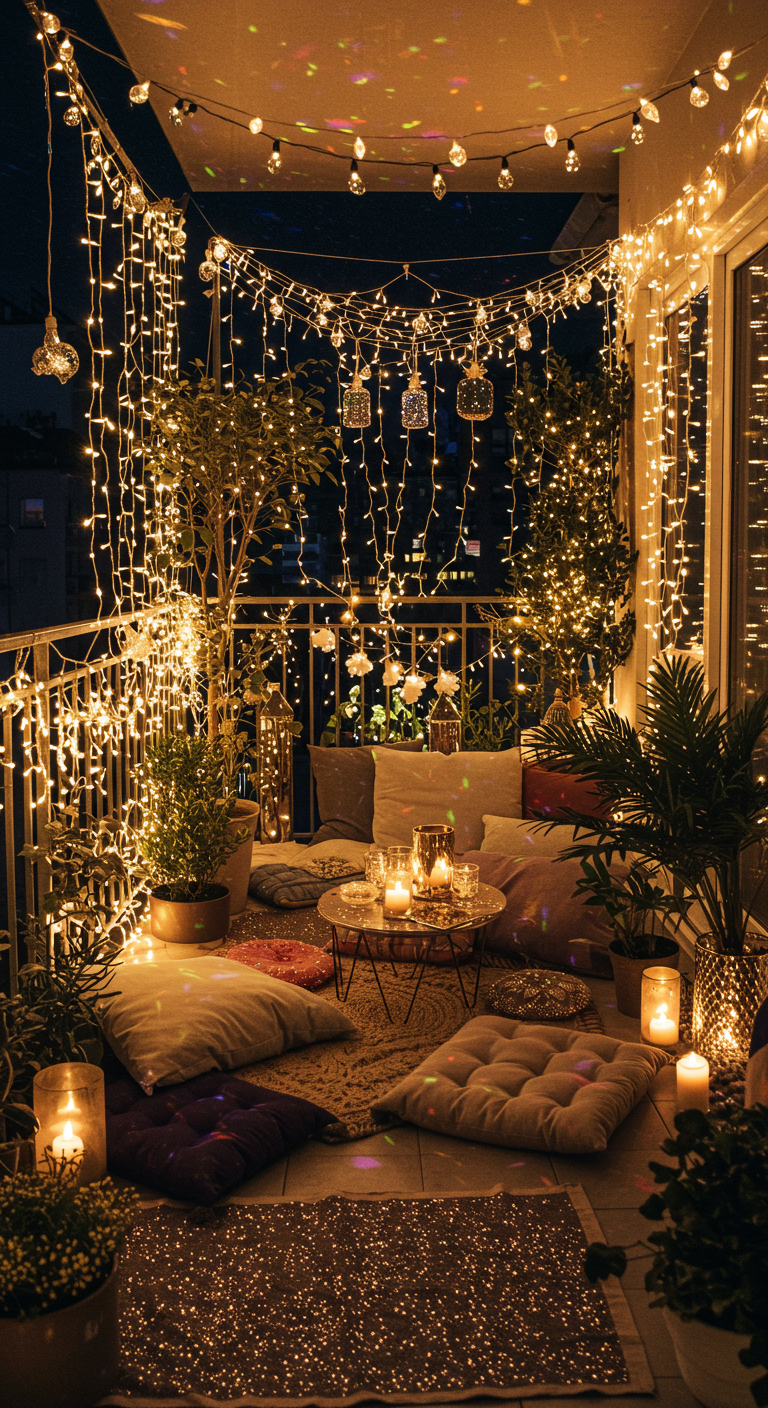Gemütlicher Balkon mit Lichterketten-Vorhängen und vielen Bodenkissen für Silvester.